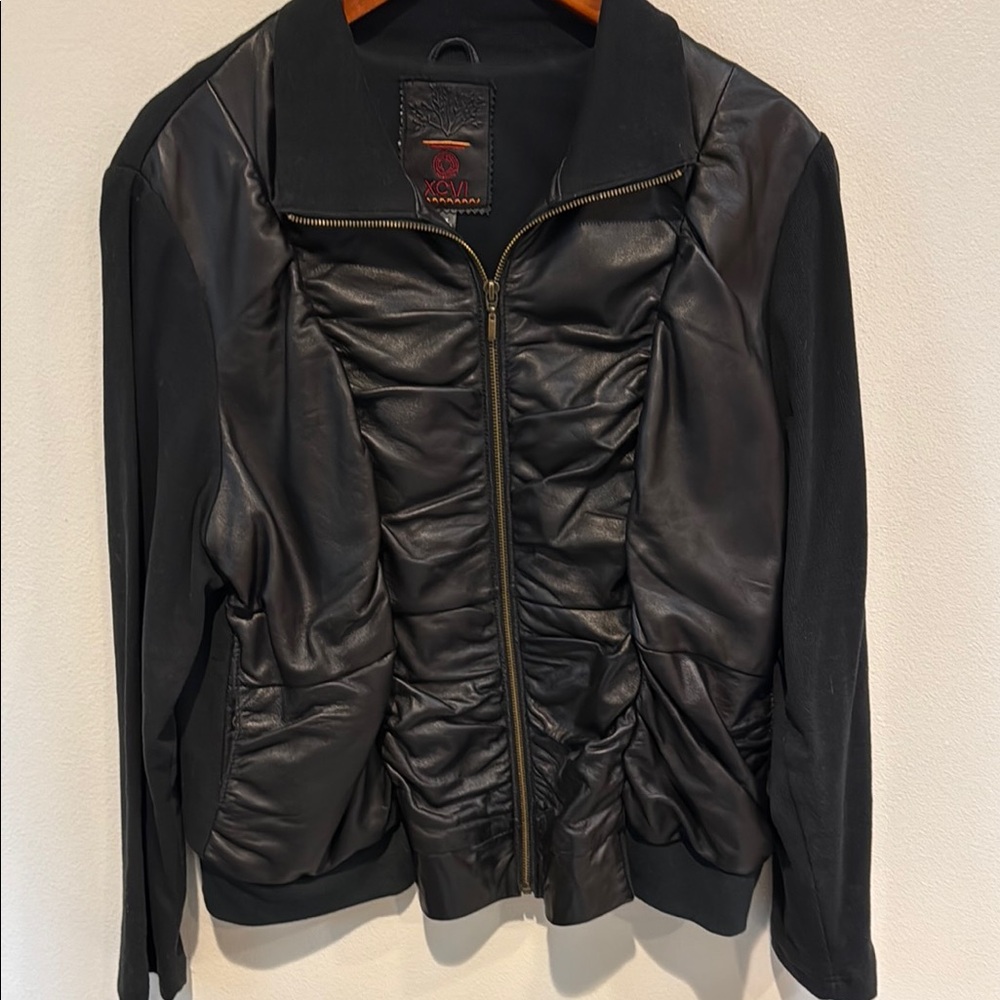 XCVI Black Leather Jacket with Ruched Front